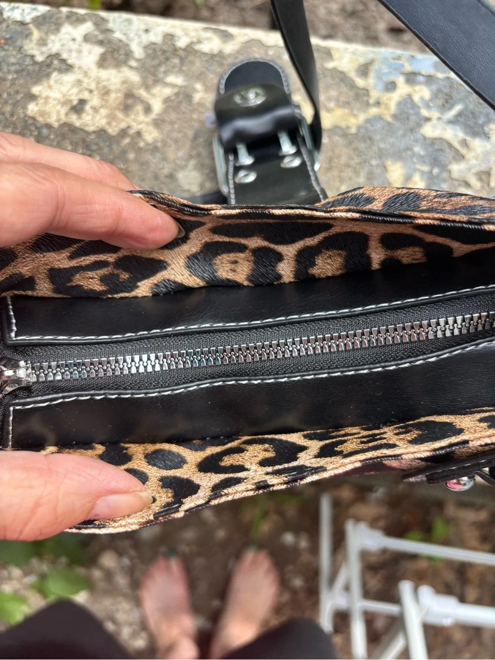 Leopard Print Shoulder Bag with Black Trim and Buckle Accent